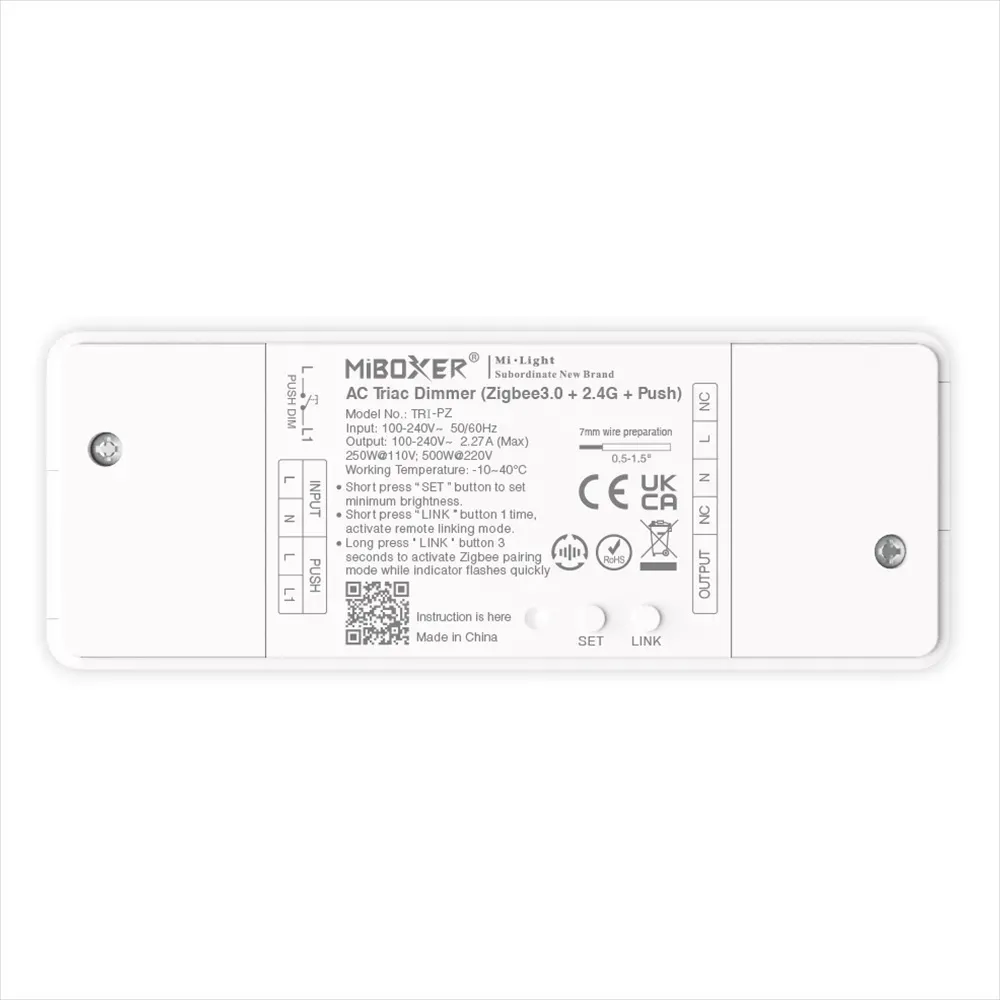 MiBoxer TRI-PZ LED Dimmer Controller AC TRIAC 500W Zigbee 3.0+2,4G+Push MiBoxer TRI-PZ LED Dimmer Controller AC TRIAC 500W Zigbee 3.0+2,4G+Push