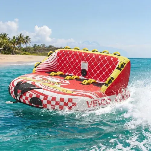 VEVOR Towable Tube für Boote, Wassersport-Schleppreifen für 4 Personen, bis 308 kg Tragfähigkeit, mit 2 Zugpunkten, Nylonhülle, Gepolsterten Griffen und Sicherheitsventil, für Seen, Flüsse, Rot – Bild 7