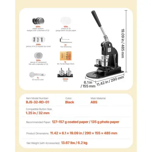 VEVOR Buttonmaschine 32 mm, Knopfmachermaschine mit 500 Buttonrohlingen & Kreisschneider & Sechskantschlüsseln & Anleitungsbuch & Ergonomischem Griff, für DIY Anstecknadeln Abzeichen Schwarz – Bild 6