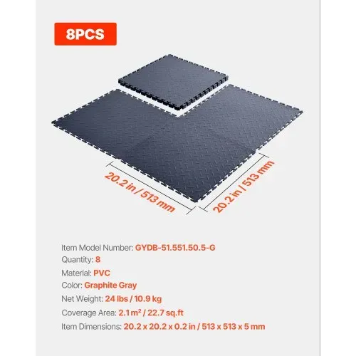 VEVOR PVC Garagenboden, 8er-Pack 513x513x5 mm, Werkstattboden, Industrieboden, Klick Verlegung, rutschfeste PVC-Matten mit Diamantplatte für Werkstatt, Lager, Werkzeugraum, Graphitgrau – Bild 6
