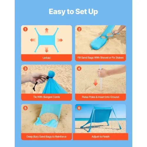 VEVOR Strandzelt mit Sonnenschutz (UPF 50+) 2,3 x 2,3 x 2 m Grundfläche, Strandmuschel mit Stützstangen & Sandschaufeln, Tragbares Sonnensegel für Familienausflüge Camping Angeln Blau – Bild 5