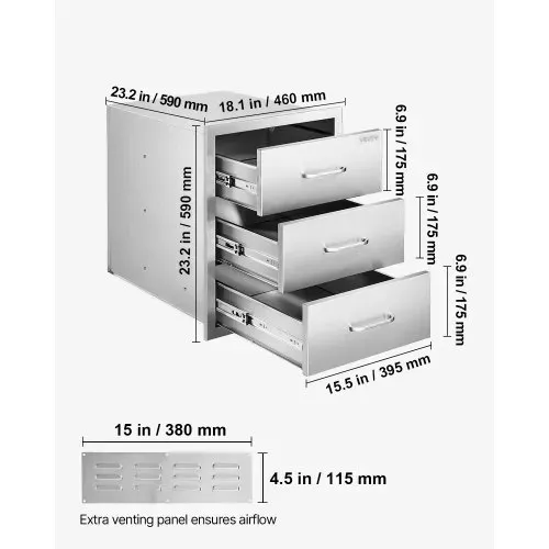 VEVOR Outdoor Küchenschubladen 46 x 59 x 59 cm (B x T x H), Grillschubladen mit 3 Schubladen & Griffen aus Edelstahl, Grillschubladen für Außenküche & Grillinsel-Terrassengrillstation – Bild 6