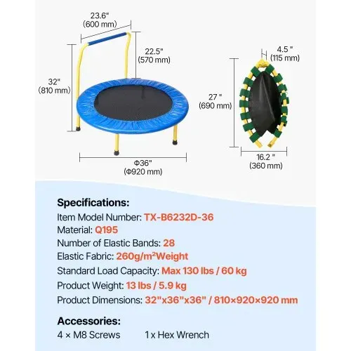 VEVOR Trampolin Gartentrampolin 810x920x920 mm, Klappabrer Trampolin Mini 60 kg Gewichtstragfähigkeit Fitness Trampolin, Kindertrampolin Kleinkind Trampolin Blau Indoor/Outdoor/Garten/Drinnen – Bild 6