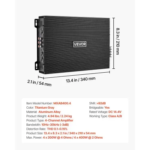 VEVOR Autoverstärker 4-Kanal, Endstufe Klasse AB Überbrückbar, Max. 4 x 200 W an 4 Ohm / 4 x 400 W an 2 Ohm, Hochleistungsverstärker für SUVs Pickups Geländewagen Mehrkanal-Audioverstärker – Bild 6