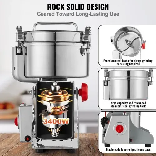 VEVOR elektrische Getreidemühle Hochgeschwindigkeits-Maismühle 2500 g 3400 W, Pulverisiermaschine aus Edelstahl, für trockene Körner Gewürze Müsli Kaffee Mais Pfeffer Schwenktyp 24 x 23 x 39 cm – Bild 2