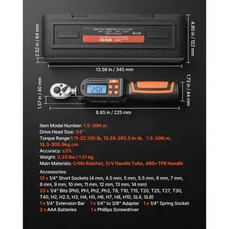 VEVOR Digitaler Drehmomentschlüssel 1/4 Zoll-Antrieb 42-tlg. 4 Einheiten, ±2 % Genauigkeit LCD-Bildschirm mit Summer & LED-Anzeige Steckschlüsseln Bits Verlängerung & Adapter für Kfz-Reparaturen VEVOR Digitaler Drehmomentschlüssel 1/4 Zoll-Antrieb 42-tlg. 4 Einheiten, ±2 % Genauigkeit LCD-Bildschirm mit Summer & LED-Anzeige Steckschlüsseln Bits Verlängerung & Adapter für Kfz-Reparaturen