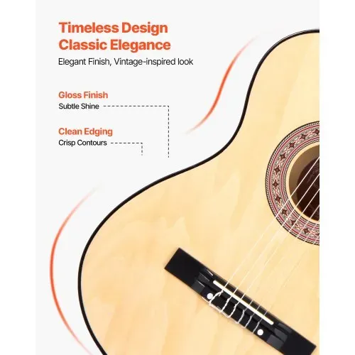 VEVOR Konzertgitarre, 960 mm, Holz-Klassikgitarren-Starter-Set für Anfänger, mit Nylonsaiten, Gigbag, Gurt, Stimmgerät, zusätzlichen Saiten, Plektrum, Kapodaster, Linde, für Einsteiger, Natur – Bild 4