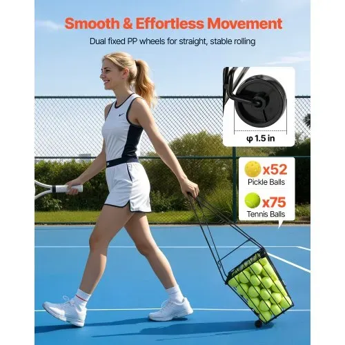 VEVOR Tennisballkorb mit Rollen, Tennisballsammler mit Rahmen & Ballkorb aus Kohlenstoffstahl, Umwandelbares Sammelkorb für 75 Tennisbälle, Tragbarer Tennisballwagen für Training Ballsammeln, Schwarz – Bild 3