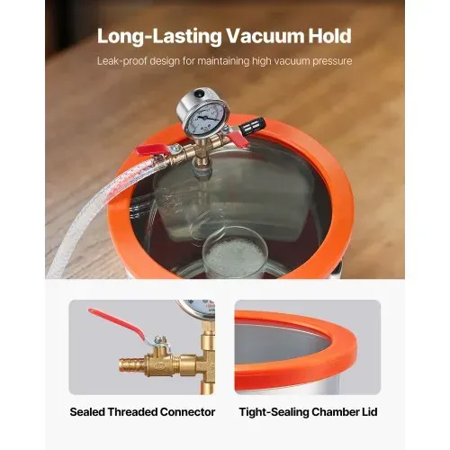 VEVOR 11,36 L Vakuumkammer mit Pumpe, 99 L/min, Edelstahl, Entgasungskammer-Kit, einstufig, Deckel aus gehärtetem Glas, 1,5 m Schlauch, zur Stabilisierung von Holzentgasungs-Silikonharz – Bild 2