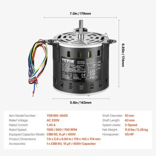 VEVOR 1/5 PS Gebläsemotor, 220 V, 1,45 Ampere, 3-Gang (700/900/1100 U/min), 10 mm Wellendurchmesser, 20 mm Wellenlänge, ROT. CCW vom Wellenende, inkl. CBB60 8 μF / 450 V Kondensator – Bild 6