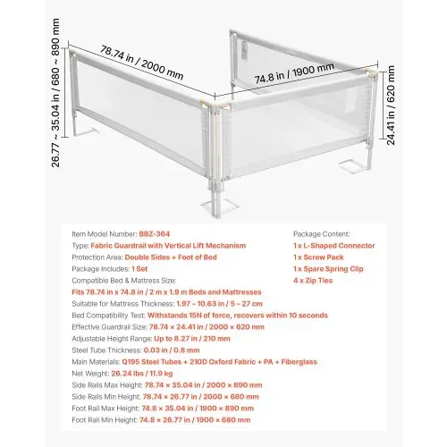 VEVOR 3-tlg. Bettgitter, Bettschutzgitter mit verstärktem Eisenrohr und Oxford-Stoff, 68-89 cm höhenverstellbares Kinderbettgitter, Kinderbettschutzgitter für Kingsize-Betten, 200x190x200 cm – Bild 6