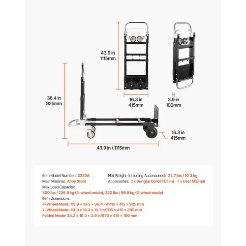 VEVOR 2-in-1-Sackkarre, zusammenklappbar, 227 kg Tragkraft im 4-Rad-Modus, umwandelbarer Transportwagen mit verstellbarem Griff, Handkarre, Transportkarre für Umzüge, Büro, Lager – Bild 6