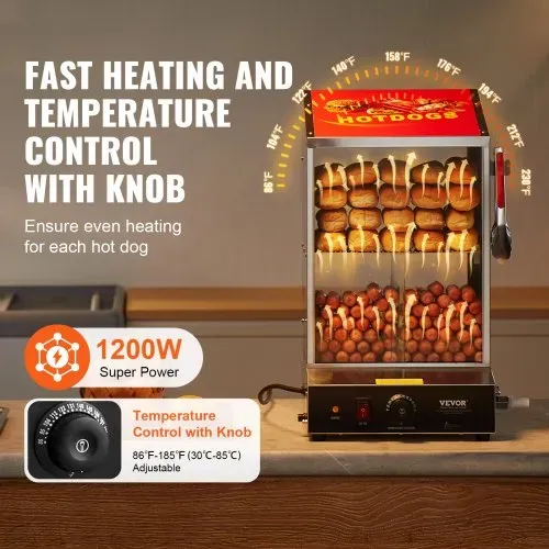 VEVOR Hot Dog Dampfgarer, 37L, 2-stufiger Hot Dog Hütten-Dampfgarer, 30℃~85℃ Temperaturregelung, elektrischer Brötchenwärmer mit Schiebetüren aus gehärtetem Glas, Trennplattenzange, Edelstahl, für Hot Dogs & Brötchen – Bild 2