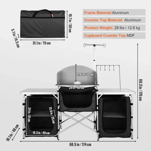 VEVOR Camping-Küchentisch, Klappbarer Outdoor-Kochtisch mit Aufbewahrungstasche, Aluminium-Kochstation mit 3 Schränken und Abnehmbarer Windschutzscheibe, Schneller Aufbau für Picknicks, Grill usw. – Bild 6