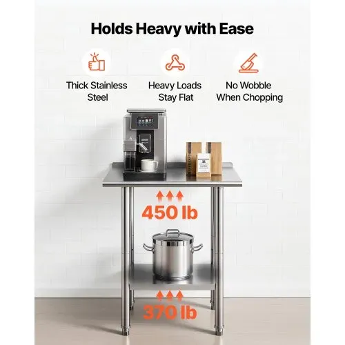 VEVOR Edelstahltisch Gastro 762 x 610 x 894 mm, Verstellbarer Edelstahltisch mit Aufkantung, Arbeitstisch mit Grundboden für Restaurant Schwerlast Obere Ablage (204 kg) Untere Ablage (168 kg) – Bild 3