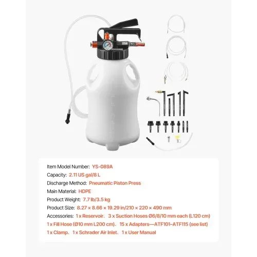 VEVOR Getriebeölpumpe 8 L, Pneumatische Transferpumpe mit 15 ATF-Adaptern, Getriebeöl-Einfüllgerät mit HDPE-Tank, Ölabsaugpumpe, Öleinfüllgerät, Ölfüller, Pumpenwerkzeug für Autos & Boote – Bild 6
