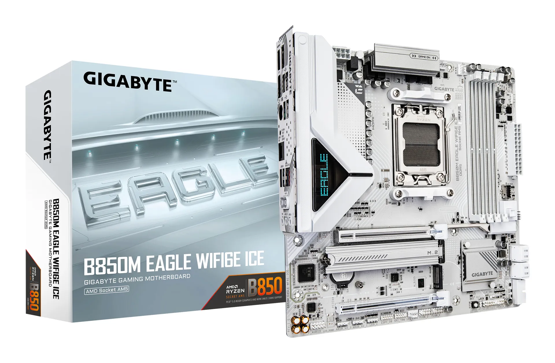GIGABYTE B850M EAGLE WIFI6E ICE Mainboard – Unterstützt AMD Ryzen 9000 Serie CPUs, digitales 8+2+2 Phasen VRM, bis zu 8200 MHz DDR5 (OC), 1 x PCIe 5.0 + 1 x PCIe 4.0 M.2, Wi-Fi 6E, 2.5 GbE LAN, USB 3.2 Gen 2 GIGABYTE B850M EAGLE WIFI6E ICE Mainboard – Unterstützt AMD Ryzen 9000 Serie CPUs, digitales 8+2+2 Phasen VRM, bis zu 8200 MHz DDR5 (OC), 1 x PCIe 5.0 + 1 x PCIe 4.0 M.2, Wi-Fi 6E, 2.5 GbE LAN, USB 3.2 Gen 2