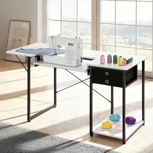 VEVOR Nähtisch Nähmaschinentisch mit klappbarer Tischplatte & verstellbarer Ablage & Stahlbeinen & Schublade, Mehrzwecktisch Computertisch für Zuhause Modestudio Kunststudio Bildungseinrichtung – Bild 7