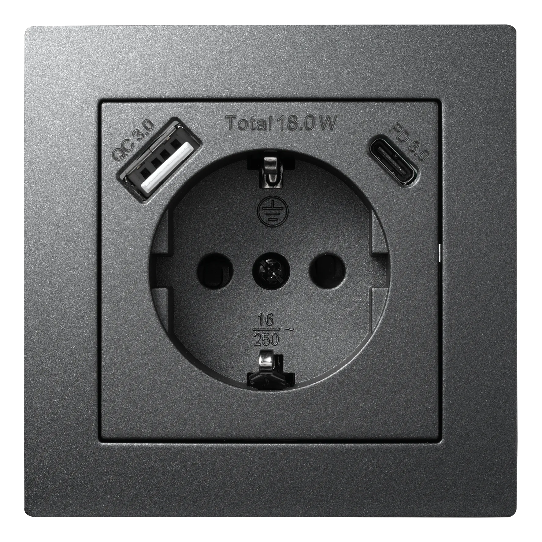 Schutzkontakt-Steckdose McPower “Flair“ 1x USB-C 18W PD, 1x USB-A, anthrazit Schutzkontakt-Steckdose McPower “Flair“ 1x USB-C 18W PD, 1x USB-A, anthrazit