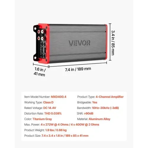 VEVOR Autoverstärker 4-Kanal, Endstufe Klasse D Überbrückbar, Max. 4 x 272 W an 4 Ohm / 4 x400 W an 2 Ohm, Hochleistungsverstärker für SUVs Pickups Geländewagen Mehrkanal-Audioverstärker – Bild 6