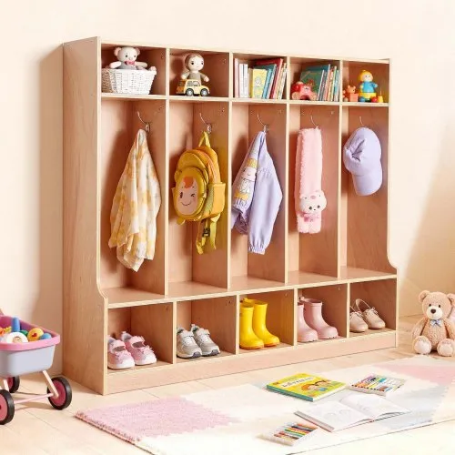 VEVOR Offener Kinderkleiderschrank aus Holz, Kindergarderobe mit 10 Haken & 15 Fächern (5 Groß + 10 Klein), Garderobenregal & Aufbewahrungsregal für Kinderzimmer Zuhause Kindergarten Kita VEVOR Offener Kinderkleiderschrank aus Holz, Kindergarderobe mit 10 Haken & 15 Fächern (5 Groß + 10 Klein), Garderobenregal & Aufbewahrungsregal für Kinderzimmer Zuhause Kindergarten Kita