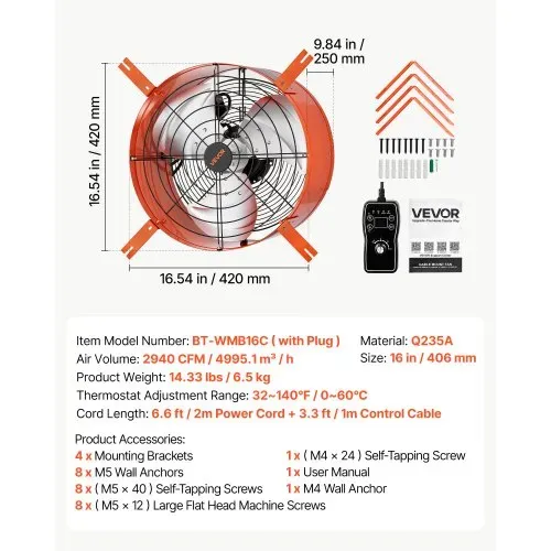 VEVOR Giebellüfter 40,6cm Dachbodenlüfter mit 4995,1m³/h Luftstrom Orange, Kühlung & Luftzirkulation für Dachboden Werkstatt & Lager, Kohlenstoffstahlgehäuse, mit Thermostat Netzkabel & Steuerkabel – Bild 6