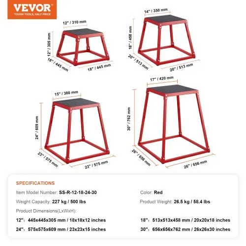 VEVOR 4-teilige Plyometrische Sprungboxen, 305/458/609/762 mm Plyometric Box Rot, Rutschfestes Fitness-Übungs-Step-Up-Box-Set für Heim-Fitness-Training, Konditions-Krafttraining, Jump Training Tragbar – Bild 6