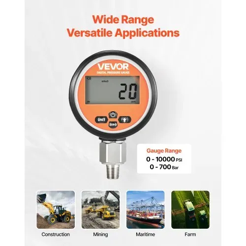 VEVOR digitales Hydraulikdruckmessgerät, 0–700 Bar Hydraulikdrucksensor, Manometertester mit 1/4 Zoll NPT-Basiseingang für Baggerbaumaschinen, Hydraulikprüfmanometer Edelstahlgehäuse VEVOR digitales Hydraulikdruckmessgerät, 0–700 Bar Hydraulikdrucksensor, Manometertester mit 1/4 Zoll NPT-Basiseingang für Baggerbaumaschinen, Hydraulikprüfmanometer Edelstahlgehäuse