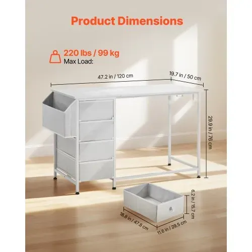 VEVOR Computertisch Bürotisch Schreibtisch (120 x 50 cm Tischplatte), moderner Arbeitstisch mit Stoffschubladen & 99 kg Tragkraft & Aufbewahrungshaken für Homeoffice Arbeitszimmer Wohnzimmer, Weiß – Bild 2