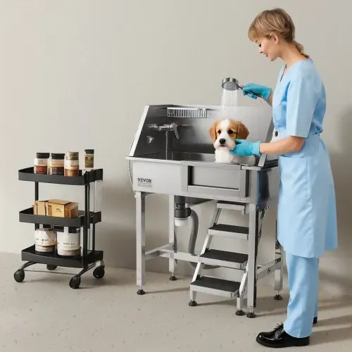 VEVOR Hundewaschstation aus Edelstahl, 870x488x1118mm Haustierpflegewanne bis 100kg mit Rechter Schiebetür & Treppe, Tierbadewanne inkl. Abfluss Duschkopf Seifenhalter für Mittlere & Kleine Haustiere – Bild 7