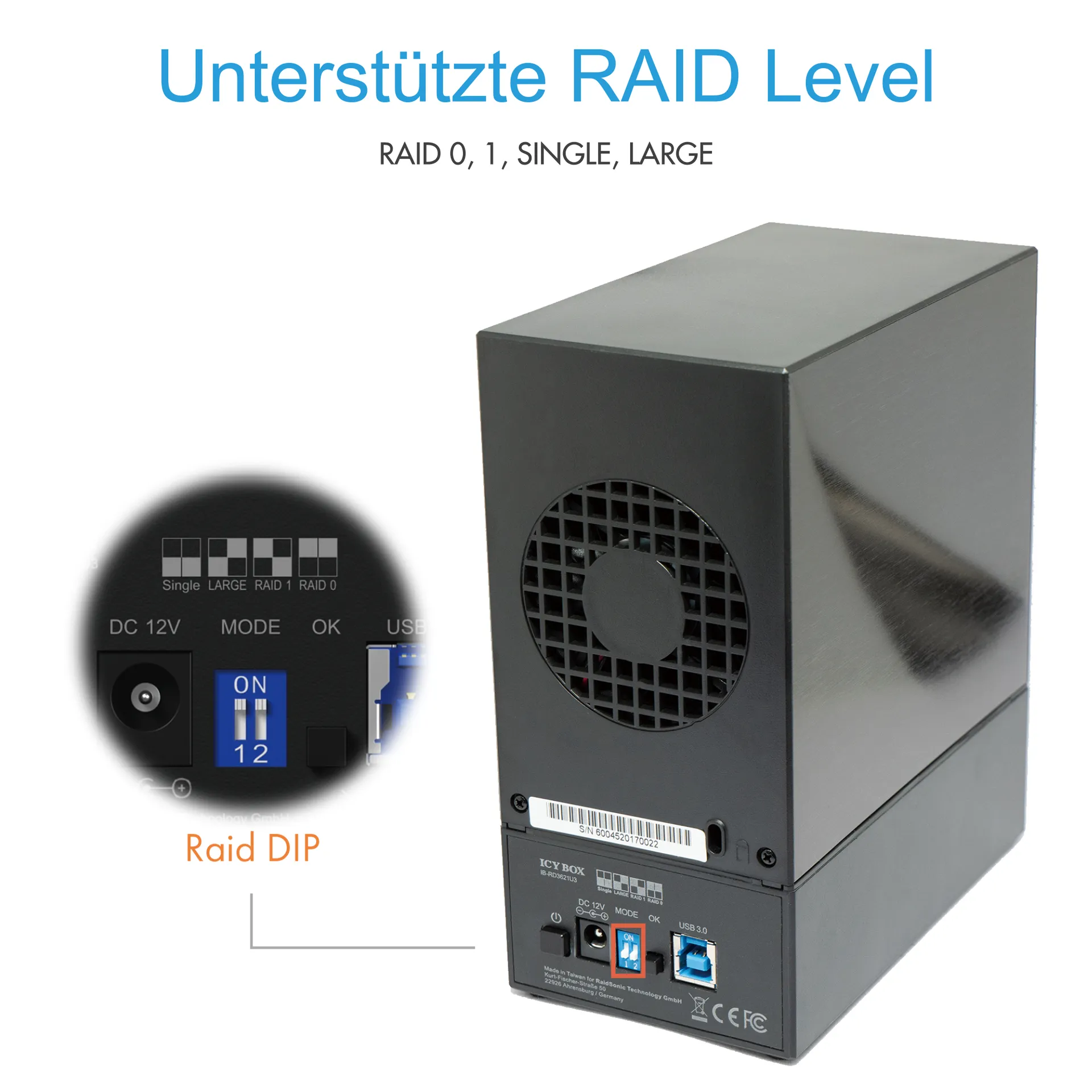 ICY BOX IB-RD3621U3, RAID-System für 2x 3,5" SATA III HDD zu USB 3.2 Gen 1 Host, RAID 0, 1, Large, Single, schwarz – Bild 6