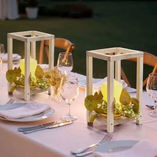 VEVOR 12er-Set, Holzlaternen, inkl. 12x Kerzenhaltern aus Holzlaternen, 12x flammenlosen LED-Kerzen, 12x Eukalyptusblätter-Kranz für Hochzeitstisch, Party, Bauernhaus-Dekoration, Weiß – Bild 7