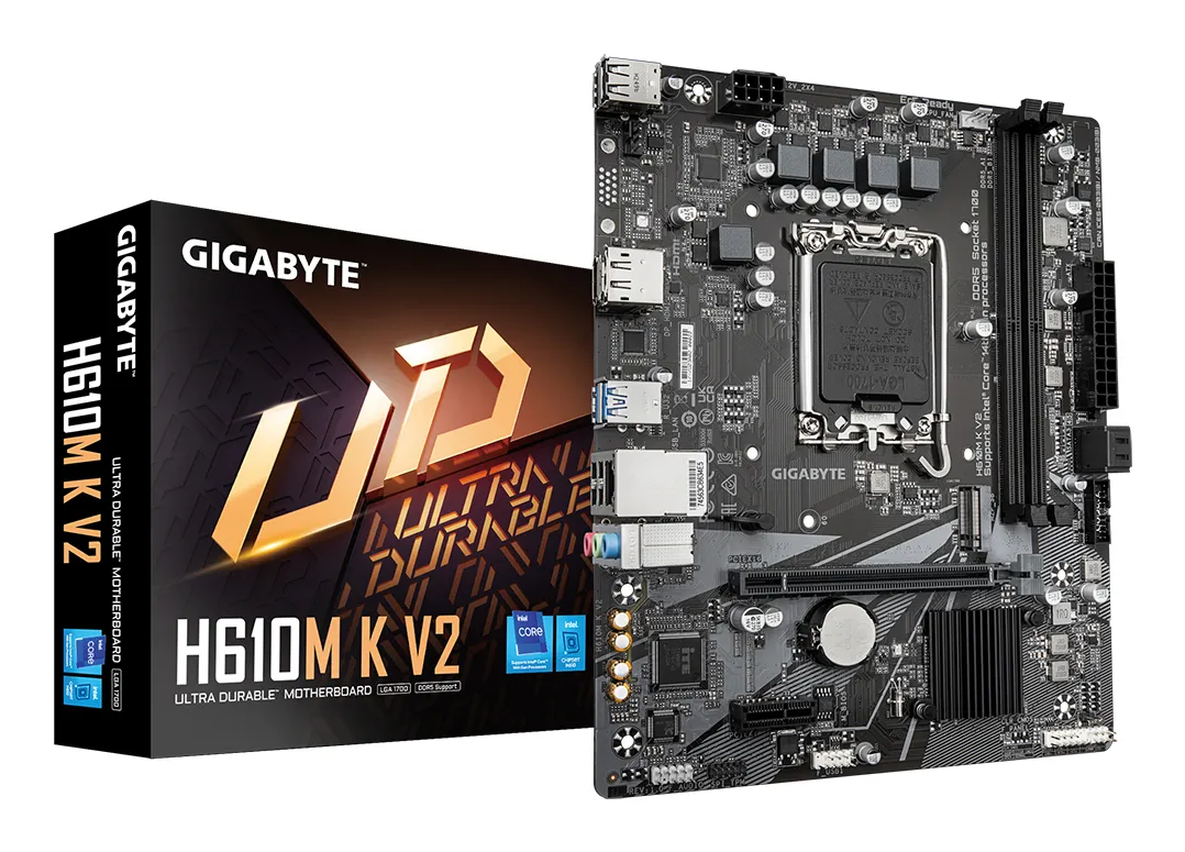 GIGABYTE H610M K V2 Mainboard – Intel Core 14. Generation CPUs, bis zu 5600 MHz DDR5, 1xPCIe 3.0 M.2, 1GbE LAN, USB 3.2 Gen 1 GIGABYTE H610M K V2 Mainboard – Intel Core 14. Generation CPUs, bis zu 5600 MHz DDR5, 1xPCIe 3.0 M.2, 1GbE LAN, USB 3.2 Gen 1