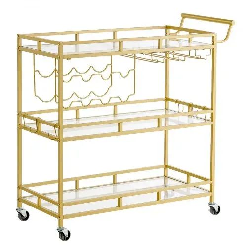 VEVOR Barwagen mit 3 Ebenen, Servierwagen mit Glashalter, Weinablage & Griff, Getränkewagen als Rollwagen für Wohnzimmer, Esszimmer und Küche, Küchenwagen in Goldfarben 880 x 380 x 890 mm – Bild 10