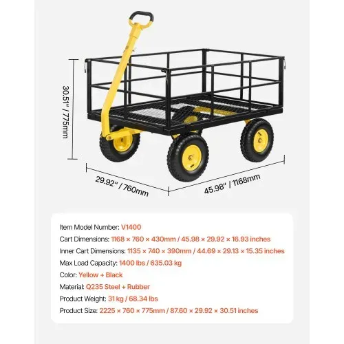 VEVOR Bollerwagen 116,8x76x77,5 cm, Transportwagen 635 kg, Gartenwagen, Gerätewagen, 2-in-1-Handwagen, mit All-Terrain-Reifen, abnehmbaren Seitenteilen aus Netzmaterial & um 180° drehbarem Griff – Bild 6
