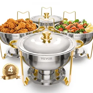 VEVOR Chafing Dish Buffet Speisenwärmer mit 4 Behältern in voller Größe (4,7 L pro), runder Catering-Wärmespender mit Deckel & Wasserpfanne & klappbarer Ständer, für Hochzeiten Partys Golden VEVOR Chafing Dish Buffet Speisenwärmer mit 4 Behältern in voller Größe (4,7 L pro), runder Catering-Wärmespender mit Deckel & Wasserpfanne & klappbarer Ständer, für Hochzeiten Partys Golden