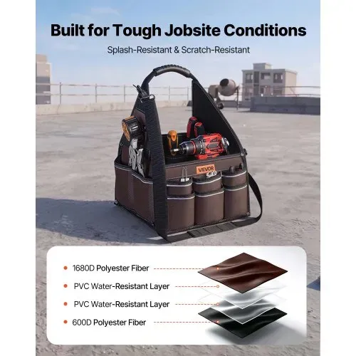 VEVOR Offene Werkzeugtasche 31x31x41cm, Aufbewahrungstasche mit 15 Innen- & 30 Außenfächern, Wasserfester Werkzeug-Organizer aus Polyester mit Schultergurt & Tragegriff, Werkzeugtrage für Handwerker – Bild 3
