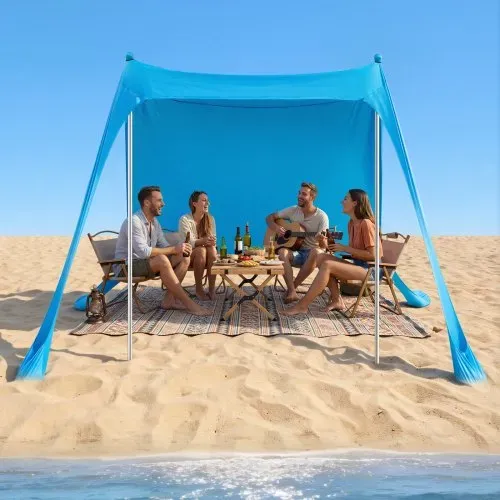 VEVOR Strandzelt mit Sonnenschutz (UPF 50+) 2,3 x 2,3 x 2 m Grundfläche, Strandmuschel mit Stützstangen & Sandschaufeln, Tragbares Sonnensegel für Familienausflüge Camping Angeln Blau – Bild 7