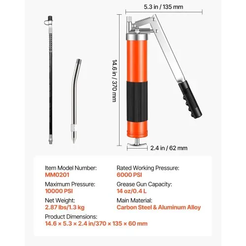 VEVOR Fettpresse, 689 bar, Pistolengriff-Schmierpressen-Set mit 0,4 L Fassungsvermögen, Handfettpresse inkl. 45,7 cm Flexschlauch, 1 Verlängerungsrohr & 1 scharfer Düse für Kfz & Schifffahrt – Bild 6