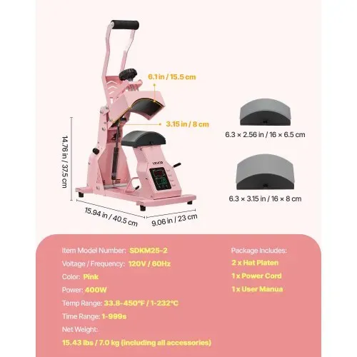 VEVOR Hutpresse mit 2 austauschbaren Platten (160 x 65 mm / 160 x 80 mm), Hut-Hitzepresse mit präziser Temperatur- und Zeitregelung, Mützenpresse Heat Press für Stirnbänder Gesichtsmasken Rosa – Bild 6