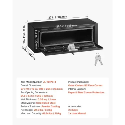 VEVOR Lkw Unterbaubox 686 x 254 x 254 mm Unterflur Staukasten Kaltgewalzter Stahl Wasserdichter Werkzeugkasten mit T-Griff Schloss für Lkw Anhänger Transporter Werkzeugkiste Unterflurkasten Schwarz – Bild 6