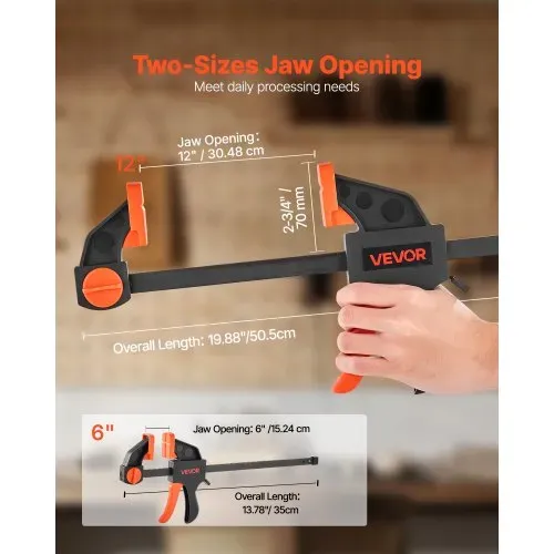 VEVOR Stangenklemmen für Holzbearbeitung 4 Stk. (30,48 cm / 15,24 cm Öffnung), Quick-Grip F-Klemme mit 70 kg Belastungsgrenze, 70 mm Tiefe, Klemmen aus Kunststoff & Stahl, Metallbearbeitung – Bild 2