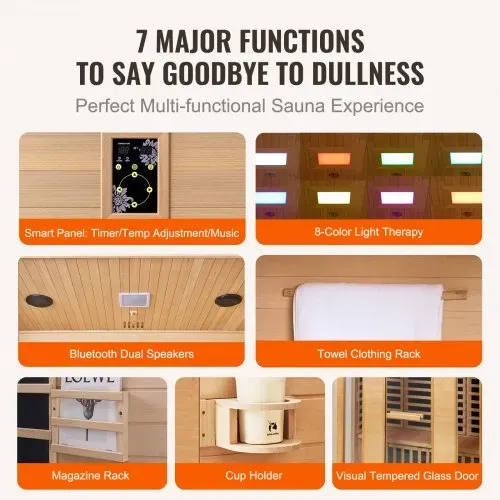 VEVOR Ferninfrarot-Holzsauna, Sauna-Spa für Zuhause, für 3 bis 4 Personen, Niedrige EMF-Ferninfrarot-Sauna aus Hemlockholz mit gehärteter Glastür & Bluetooth-Lautsprechern & Farblichttherapie, 2580 W – Bild 3