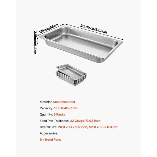 VEVOR Edelstahl Behälter 6 Stück, Speisebehälter Essens Behälter, Antihaft Teller, 537 x 330 x 65 mm kommerzieller Warmhaltebehälter für Speisen, Torten, Aufläufe, Hotelpfanne – Bild 6