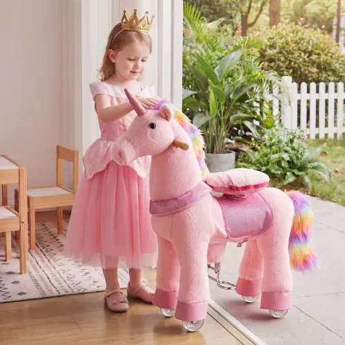 VEVOR Reitpferd auf Rollen 80cm, 50kg Belastbares Stehpferd mit Soundfunktion, Spielpferd mit Erhöhtem Sitz Griffen Pedalen, Rosa Einhorn mit Regenbogenmähne zum Reiten für Kinder Mädchen 3-8 Jahren – Bild 7