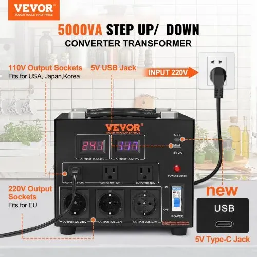VEVOR 5000W Spannungswandler Transformator AC 110V⇋220V Transformer Wandler 3x US NEMA 5-15R 3-polige / 3x europäische Shucko-Ausgangssteckdosen, 1x 5V-USB-Anschluss und 1x Typ-C-Buchse VEVOR 5000W Spannungswandler Transformator AC 110V⇋220V Transformer Wandler 3x US NEMA 5-15R 3-polige / 3x europäische Shucko-Ausgangssteckdosen, 1x 5V-USB-Anschluss und 1x Typ-C-Buchse
