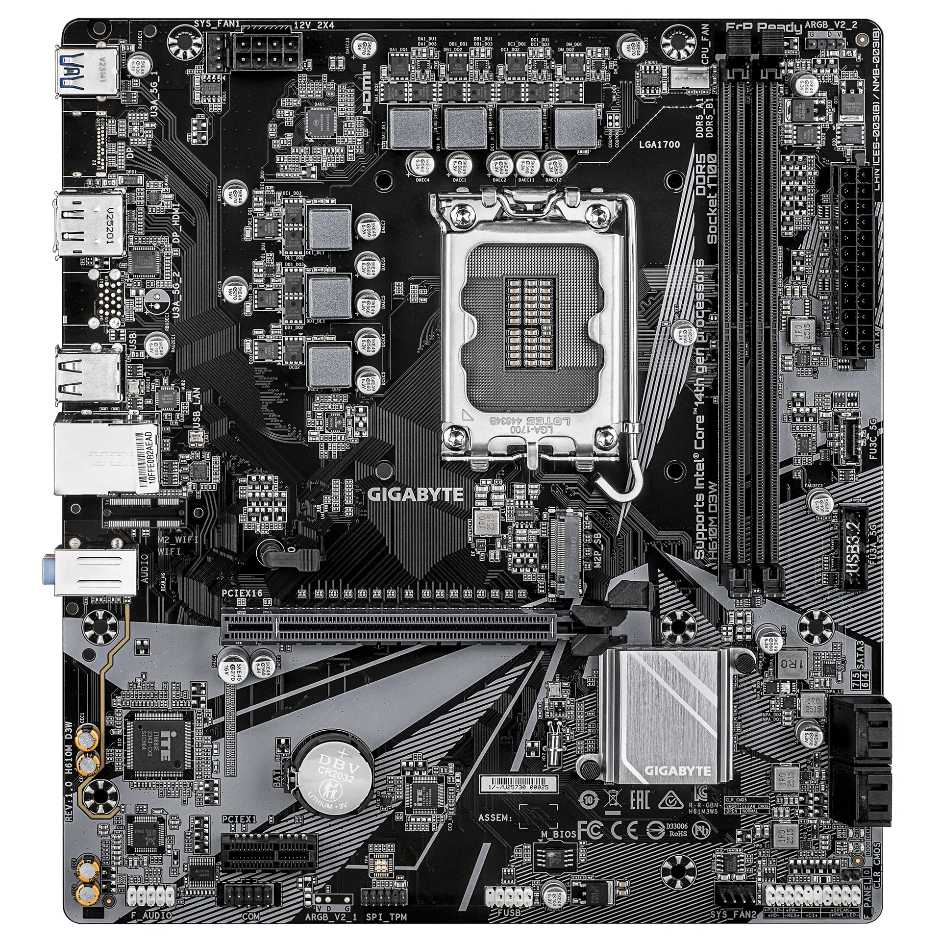 GIGABYTE H610M D3W Mainboard - Unterstützt Intel Core Prozessoren der 14. Generation, 5+1+1 Phasen VRM, bis zu 5600MHz DDR5, 1xPCIe 3.0 M.2, 1GbE LAN, USB 3.2 Gen 1 – Bild 2