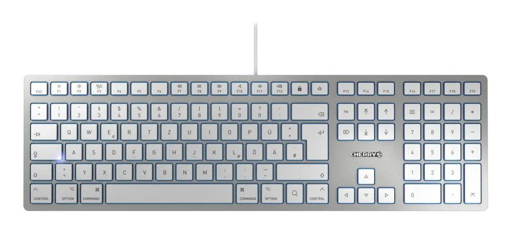 CHERRY KC 6000 SLIM für MAC Kabelgebundene Tastatur, Silber/ Weiß, USB (QWERTZ – DE) CHERRY KC 6000 SLIM für MAC Kabelgebundene Tastatur, Silber/ Weiß, USB (QWERTZ – DE)
