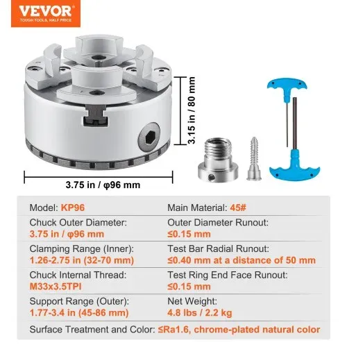 VEVOR KP96 Drehbankfutter 4-Backen φ96mm Backenfutter aus 45# Klemmbereich 32–70mm Spannfutter-Innengewinde M33 x 3,5 TPI Drehbank Ausrichtungsgenauigkeit ≤0,3mm Drechselfutter Drehmaschinenfutter – Bild 6