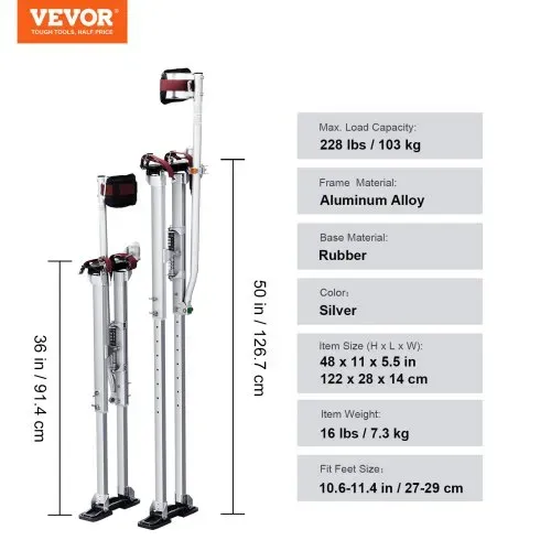 VEVOR Aluminiumstelzen Deckenbau 91,4-126,7cm Höhenverstellbar Arbeitsstelzen Trockenbau 103kg Belastbarkeit Malerstelzen 27-29cm Fußgröße Für Malerarbeit Heimdekoration Baumschnitt Elektroarbeit – Bild 6
